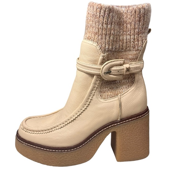 Sam Edelman Cream Leather Knit Cuff Heeled Boots, Austrian Wool - Picture 11 of 13